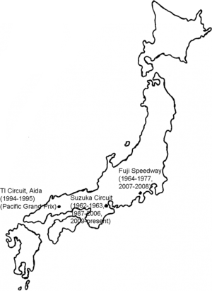 Et kort over alle de steder, hvor Grands Prix afholdes i Japan  