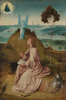 Der heilige Johannes von Patmos schreibt das Buch der Offenbarung. Gemälde von Hieronymus Bosch (1505).