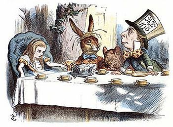 Alice at the tea party by John Tenniel (1865), coloured