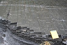 Right-angle fracturing in siltstone and black shale in the Ordovician Utica Shale near Fort Plain, New York State, USA.