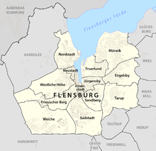 Location of Flensburg on the Flensburg Fjord with districts and neighbouring communities (clickable graphic)
