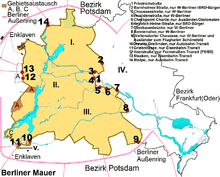Map of the Berlin Wall (brown) before 1989, including* western and southern Berlin outer ring* border crossing points 1-14* area exchange A: Staaken - Gatow/Weinmeisterhöhe (1945) * area exchange B: Spandau - Falkensee (after 1970) * area exchange C: Zehlendorf - Babelsberg (after 1970) * sectors: I. = France, II. = Great Britain, III. = USA (including V. Steinstücken), IV.= so-called "Democratic Sector" (East Berlin).