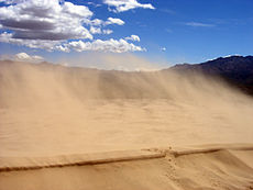 Wind blaast zand van deze duin in de Mojave woestijn, Californië  