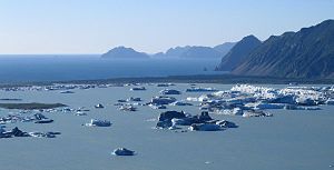 Il lago Bear Glacier e l'Oceano Pacifico nei fiordi Kenai