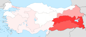 Podíl kurdského obyvatelstva v Turecku podle regionů