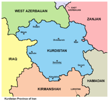 Location of Kordestāns and neighbouring provinces