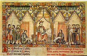 Alfonso X and the editors of the Partidas, one of the most important collections of laws, illustration from the Livro de las Legies.