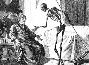 Afbeelding van de Dood als een skelet met een zeis.  