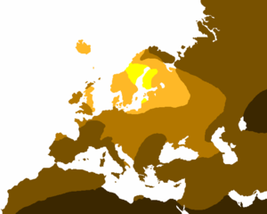 La carte des cheveux blonds de l'anthropologue Peter Frost. Dans la zone jaune la plus claire, les cheveux blonds sont les plus courants (80 % ou plus de la population autochtone). Plus la couleur est foncée, moins il y a de blonds. Dans la zone la plus foncée, il n'y a presque pas de blonds indigènes.