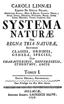 Frontespizio dell'opera principale di Carolus Linnaeus, pubblicata nel 1798. Quest'opera è il fondamento della tassonomia moderna. È scritta in latino