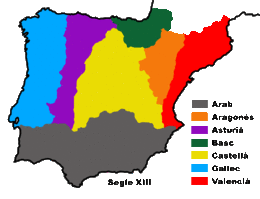 Spread of languages in the Iberian Peninsula from the 13th to the 21st century: Castilian only Catalan Aragonese Basque Asturleonic Galician-Portuguese Arabic