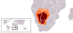 De Kalahari woestijn (getoond in marron) & Kalahari Basin (oranje)