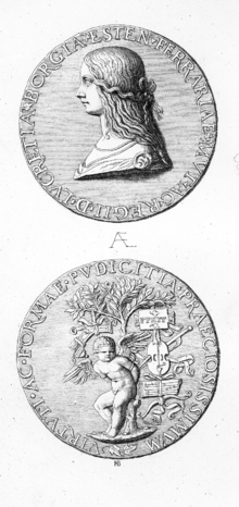 Contemporary depiction of Lucrezia Borgia as Duchess of Ferrara, copper engraving of a medal after a wax model by Filippino Lippi.