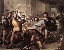Perseus taistelee Phineusta ja hänen seuralaisiaan vastaan, Luca Giordano (noin 1670).  