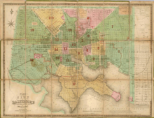 Stadsplattegrond van Baltimore uit 1852. Het plan is van Fielding Lucas, Jr. uit Baltimore.  