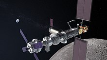Taiteilijan kuva tulevasta avaruusasemasta Kuussa. NASA kutsui sitä "Lunar Gatewayksi".  