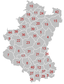 Mapa dos municípios de Namur (os nomes estão na tabela a seguir)
