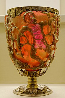The Lycurgus Cup, 4th century dichroic Roman glass with nanoparticles.