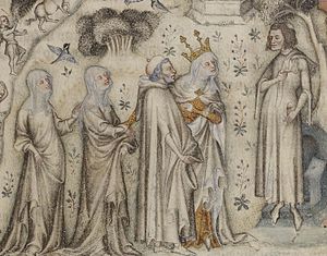 Machaut (till höger) tar emot naturen och tre av hennes barn, från en illuminerad parisisk handskrift från 1350-talet.  