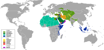 Overview of the geographical distribution of the different Islamic directions. The Twelver Shiite areas are tinted in orange ("JAFARI").