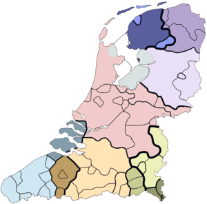 Dialect map with division based on the Levenshtein distance by Wilbert Heeringa from 2004. The wider the lines, the further apart the dialects are. West Flemish dialect group Zealand dialect group East Flemish dialect group Brabant dialect group Mich-Quartier/Kleverland, East/Central Limburg dialect group West Limburg dialect group Southeast Limburg dialect group Central Dutch dialect group Urk dialect Overijsselic dialect group Groning dialect group Frisian Frisian mixed dialects