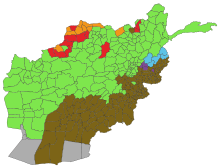 The most important language in Afghanistan's districts. Dari is light green.