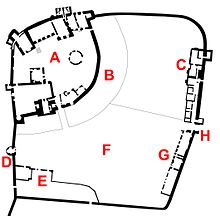 Layout of Ludlow Castle: A - Core Castle; B - Moat; C - Castle House; D - Mortimers Tower; E - Chapel of St. Peter; F - Forecastle; G - Keepers House, Prison and Stables; H - Entrance