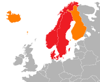      Het meest voorkomende gebruik: de drie monarchieën Denemarken, Noorwegen en Zweden Een uitgebreid gebruik, waaronder Finland, Spitsbergen, IJsland, Groenland en de Faeröer.
