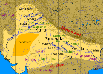 Map shows the regions of "Vedic India" during the Iron Age. The presumed distribution areas of the individual Shaka (schools) are marked in green.