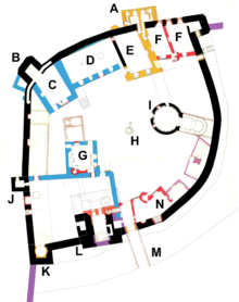 Core Castle: A - Abort Tower; B - North West Tower; C - Solar Block; D - Knights Hall; E - Parade Bedroom Block; F - Tudors' Chambers and North East Tower; G - Main Kitchen and Pantry; H - Well; I - Chapel of St Mary Magdalene; J - West Tower; K - South West Tower; L - Great Tower; M - Moat and Bridge; N - Judges' Chambers. Periods: black - 11th/12th century; purple - 12th century; blue - 13th century; yellow - 14th century; orange - 15th century; red - 16th century; light purple - 17th century; dashed - ruined buildings.