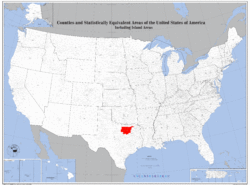 Yhdysvaltojen kartta, jossa Dallas-Fort Worthin metropolialue on korostettu.  