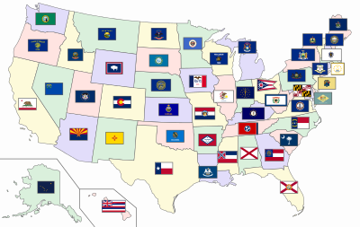 Kaart, millel on näidatud USA 50 osariigi lipud