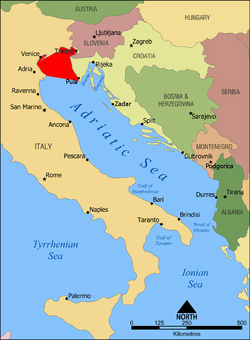 Golfo de Venecia, en rojo, dentro del Mar Adriático.  