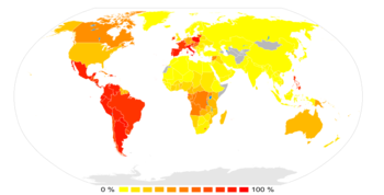 Percentages katholicisme in 2005 landen