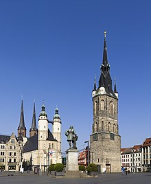 Market Square with Market Church, Händel Monument, Red Tower and Roland in front of it. The Market Church and the Red Tower together form the landmark of the "Five Towers".