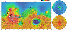Topographic map of Mars. The yellow regions indicate the fixed zero level, the blue regions are lower and the red regions are higher.