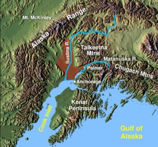 O Vale Matanuska-Susitna mostrado à sombra em vermelho ao norte de Anchorage, Alasca
