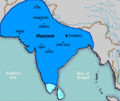 Karte, kurā ar tumši zilu krāsu attēlots Maurjāņu impērijas lielākais mērogs.
