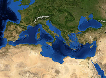 Satellite image of the Mediterranean Sea with inserted relief representation of the seabed