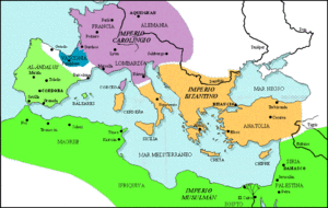 Muslimská (zelená plocha) nadvláda ve středomořském světě v roce 800 n. l.