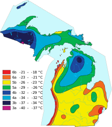 USDA Climate Zones in Upper and Lower Michigan.