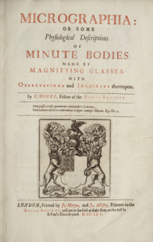 Title page of Hooke's major work Micrographia, published in 1665, which contains numerous drawings made with the aid of a microscope.
