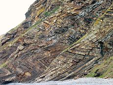 Selbst wenn die Berge abgetragen sind, sind die Beweise in den verbleibenden Gesteinen vorhanden. Millook, Cornwall