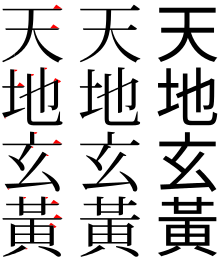Od lewej do prawej: krój szeryfowy z czerwonymi szeryfami, krój szeryfowy i krój bezszeryfowy
