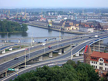 View over the West Odra river and four Odra islands: Duńczyca (Dunzig), on the left Wyspa Grodzka (Butcher's Meadow), on the right the port facilities in Łasztownia (Lastadie) and Ostrów Grabowski (Grabower Werder).
