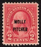 George Washington 2 cent stämpel, över tryckt "Molly Pitcher".  