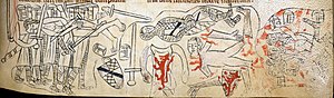 Middeleeuws manuscript met het verminkte lichaam van Simon de Montfort op het veld van Evesham  