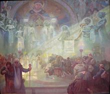 The holy mountain Athos as a destination of East Slavic pilgrims (picture from 1926 from the Slavic Epic by Alfons Mucha)