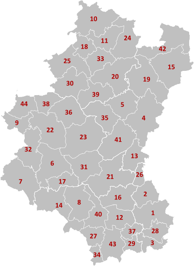 Kort over Luxembourgs kommuner ( navnene er angivet i nedenstående tabel)  