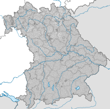 The Bavarian municipalities and counties. The areas without municipalities are marked in dark gray. Note: The few lakes shown (but not Lake Constance) are also municipality-free areas.